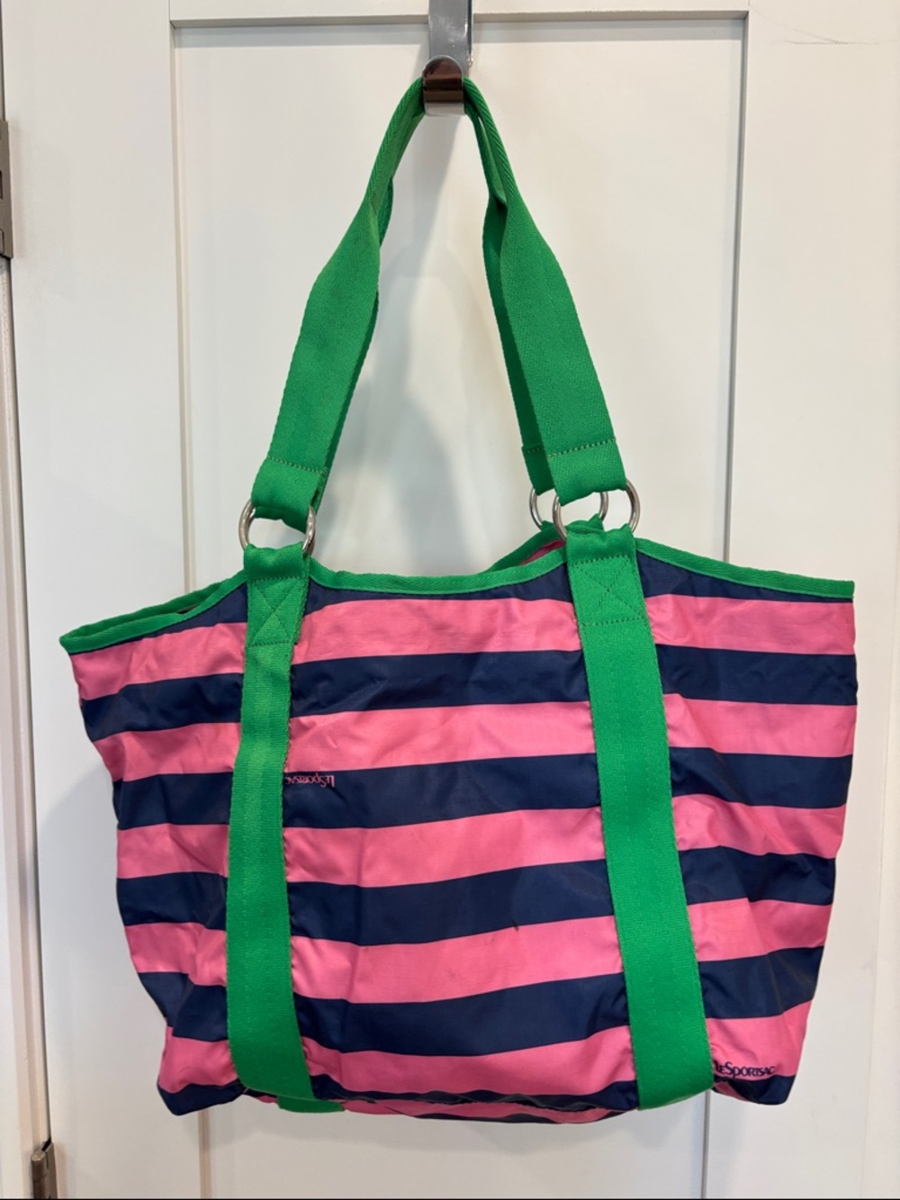 LeSportsac tote pink and blue stripes with green trim - Picture 3 of 11
